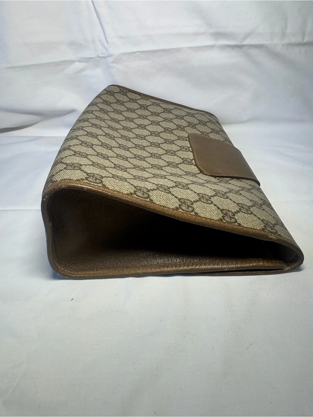 Gucci Beige Brown GG Canvas Clutch with Web Stripe